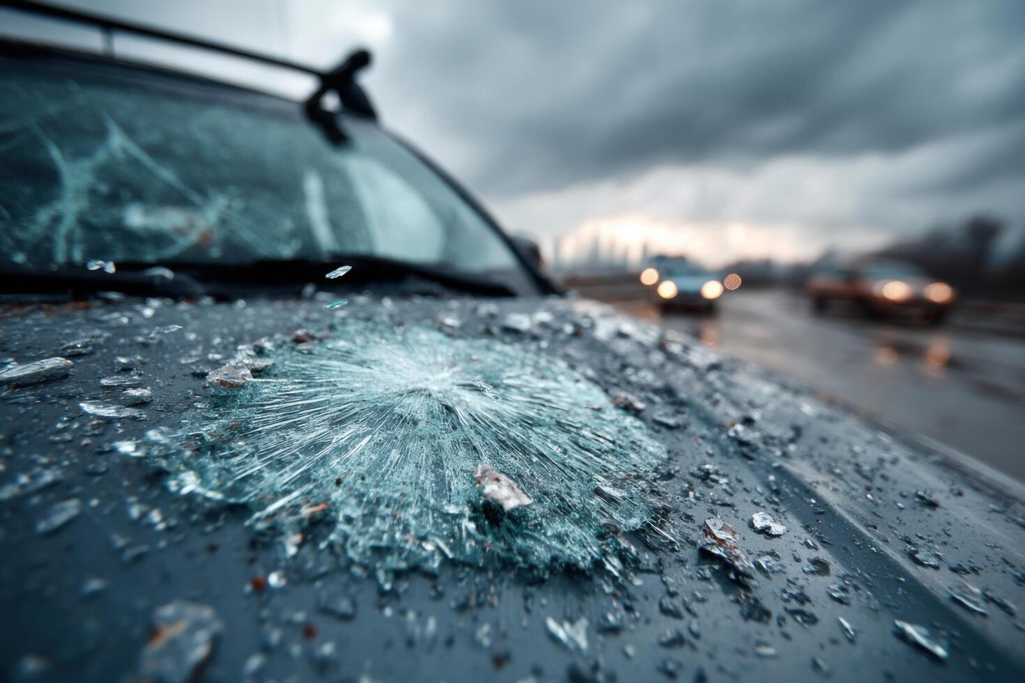 A broken windshield on a car with a broken windshield photo