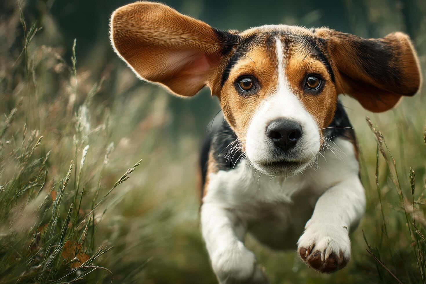 A beagle dog running through a field photo