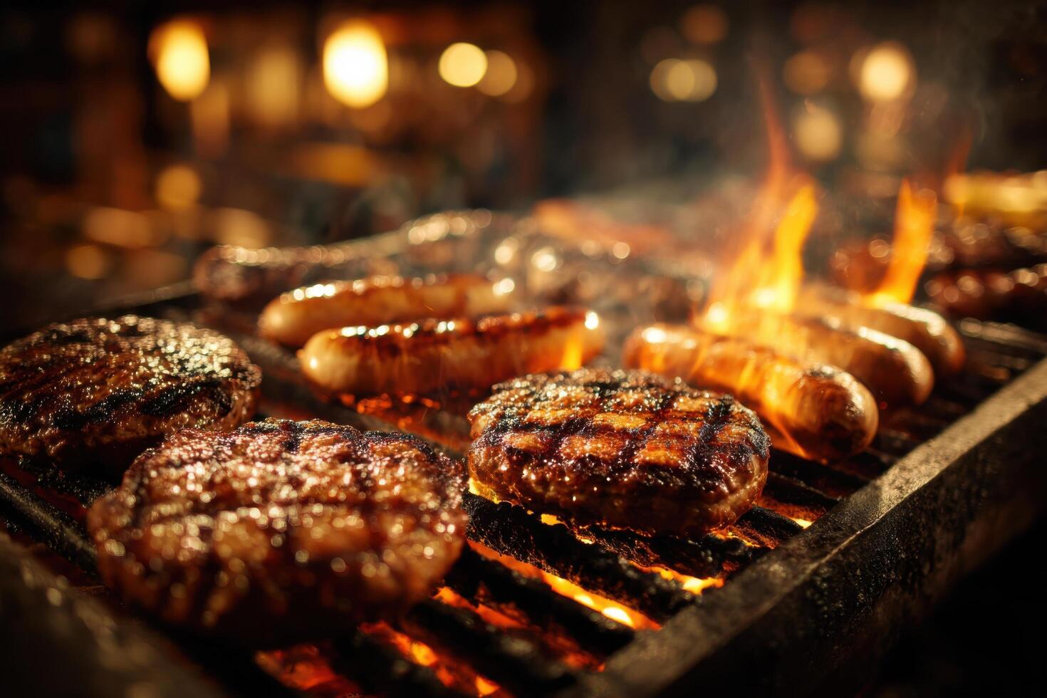 Grilled meat and sausages on a grill photo