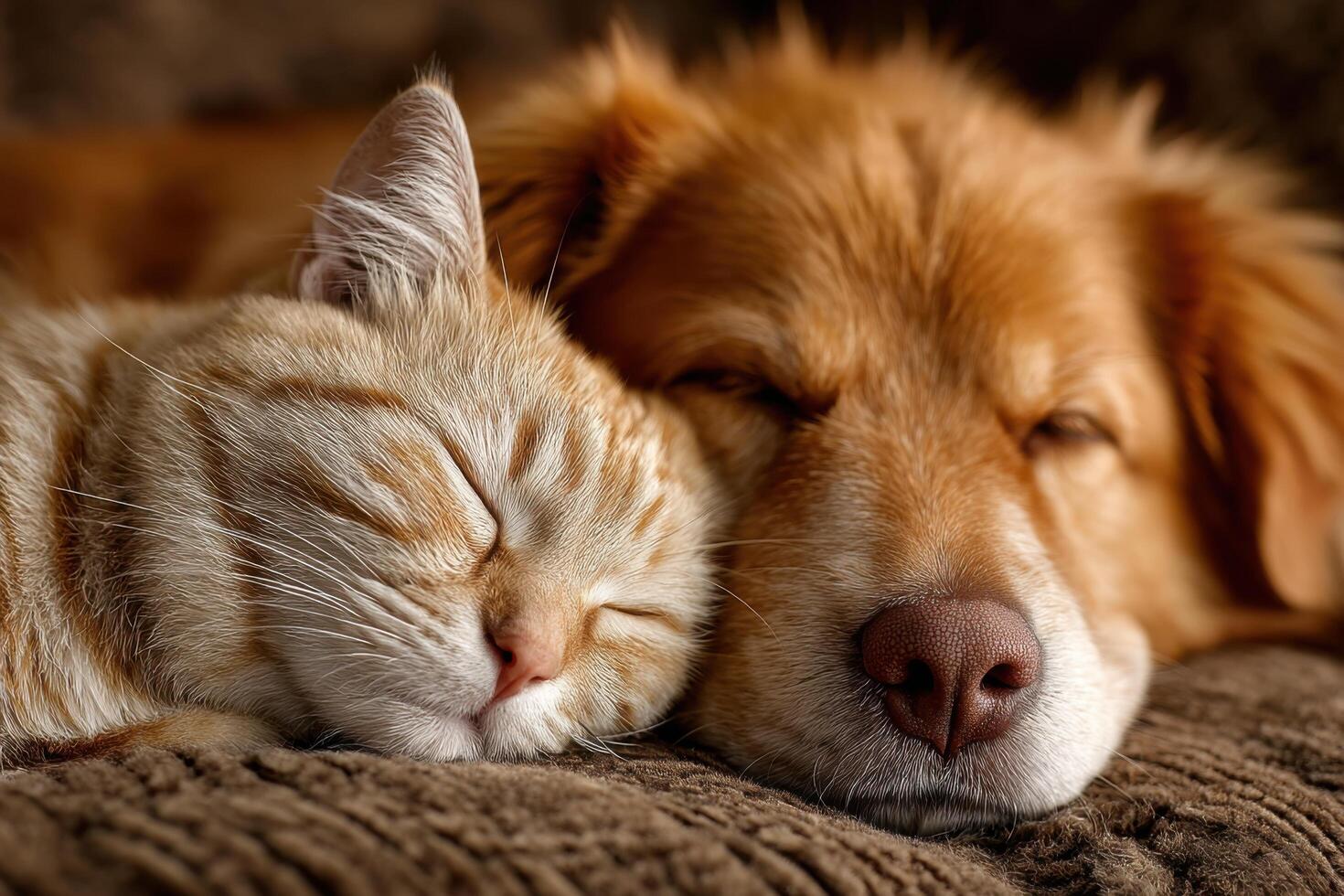 A dog and cat sleeping together on a couch photo