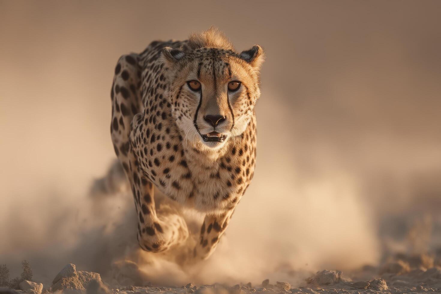 A cheetah running through the dust photo