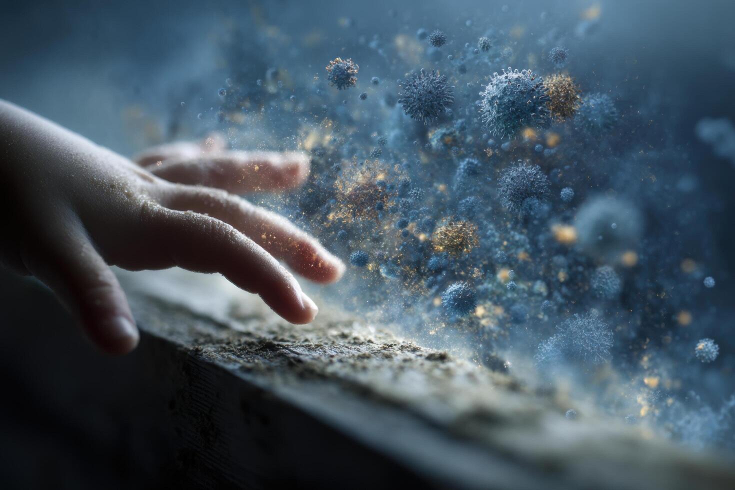 A child's hand reaching out to touch a virus photo