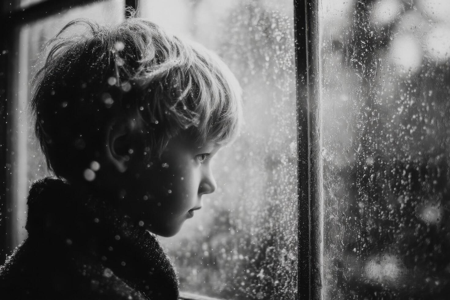 A black and white photo of a child looking out the window