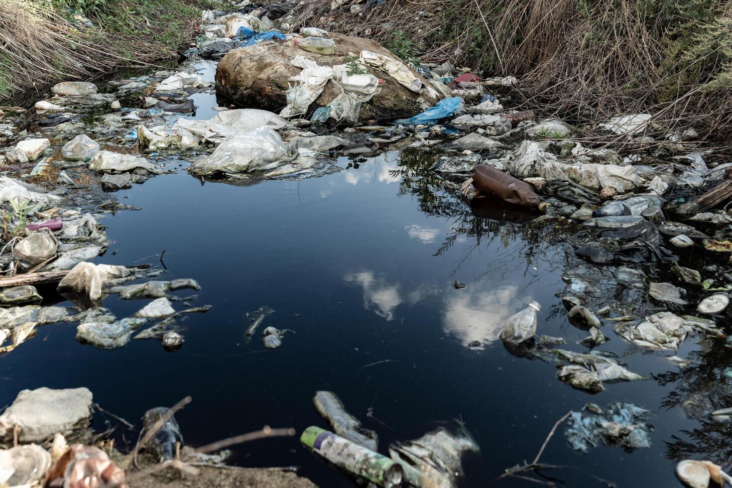 River covered with garbage. Lake covered with floating garbage and plastic waste. Environment pollution photo