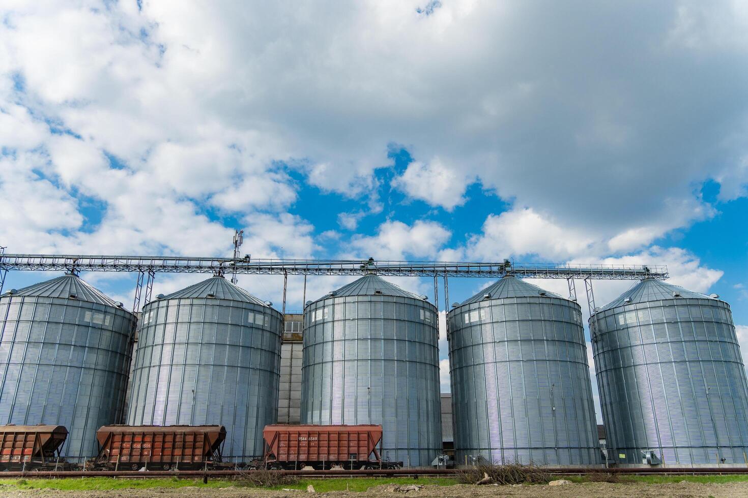 Metal tanks for storage of grain. Five large metal agricultural silos for grain storage and drying. Agricultural warehouse. Agro industry photo