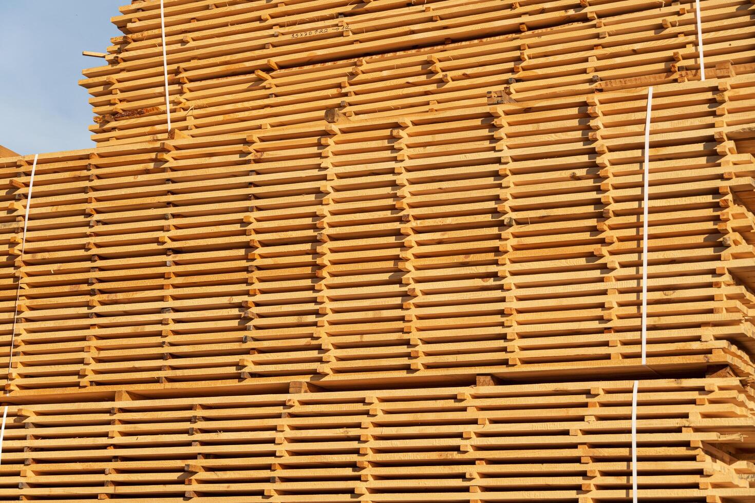 Stack of fresh pine boards in a sawmill warehouse. Stacks of lumber photo
