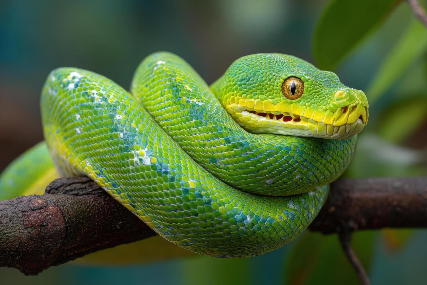 A green snake is sitting on a branch photo