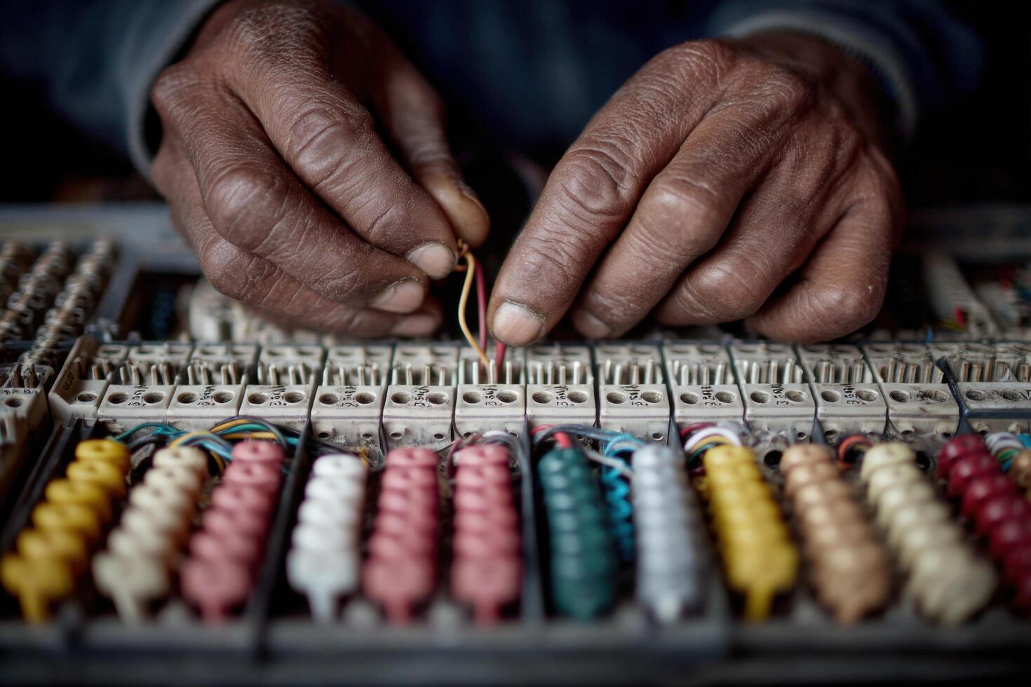 A man is working on a computer with a bunch of wires photo