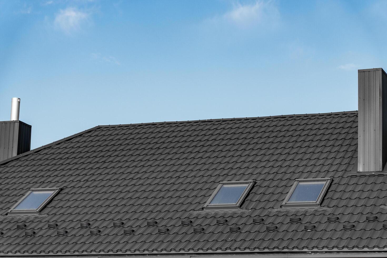 A contemporary black roof structure showcases several skylights, allowing natural light to enter the interior, all set against a bright, clear sky typical of a sunny day photo