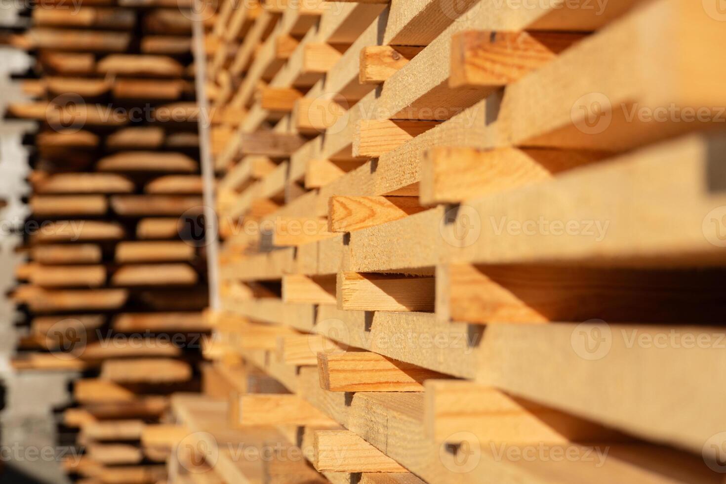 Wooden boards are neatly stacked in a lumber yard, illuminated by the warm light of golden hour, highlighting the beauty of natural wood and craftsmanship in construction photo