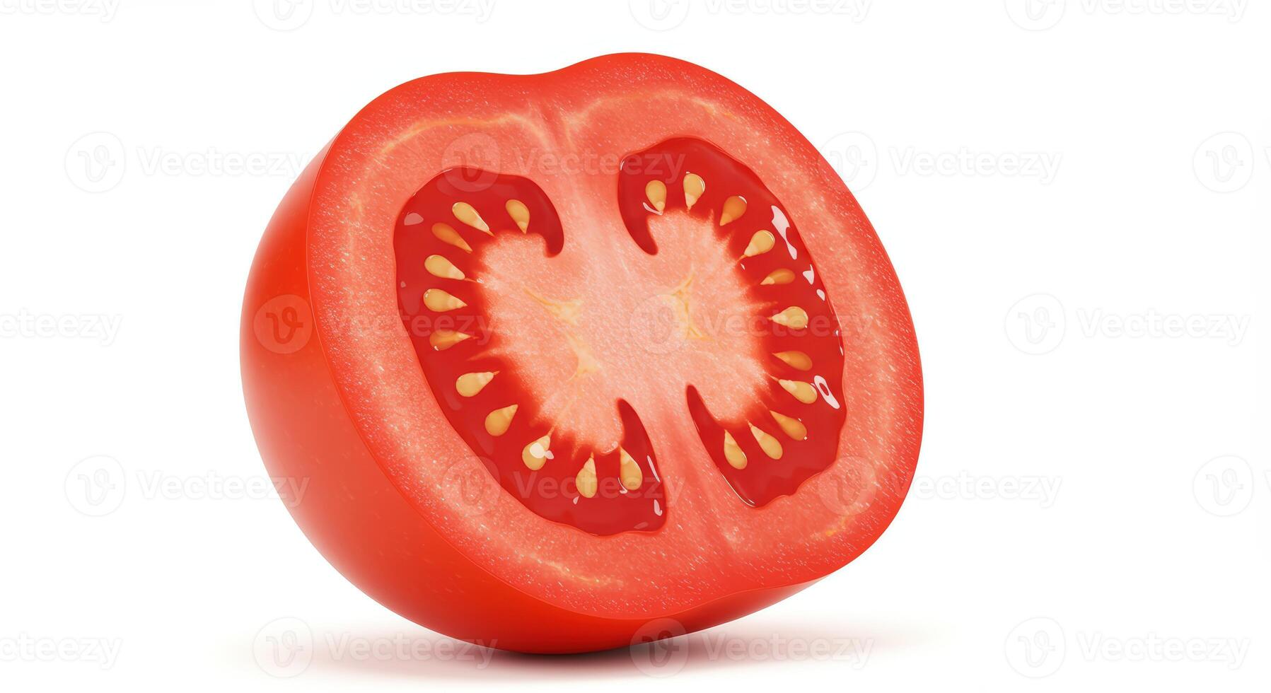 Hyper-Realistic 3D Render of a Tomato Sliced in Half on White Background photo
