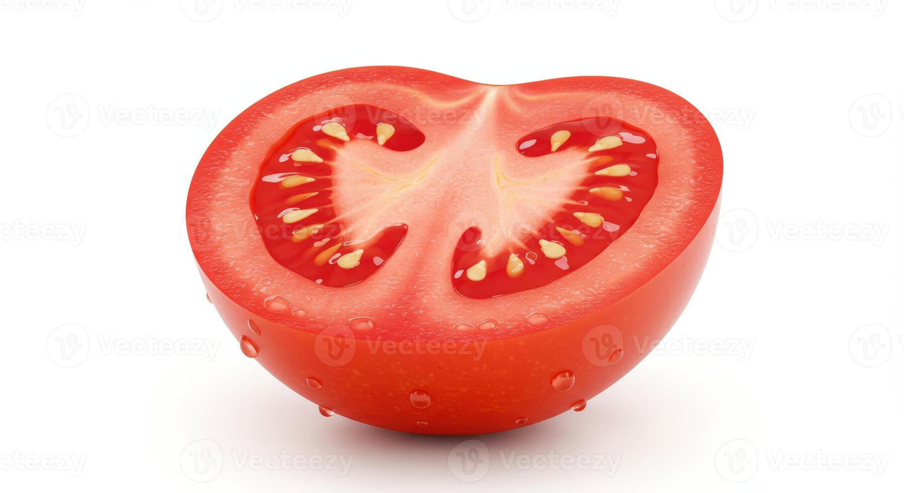 A tomato slice is cut in half on a white background photo