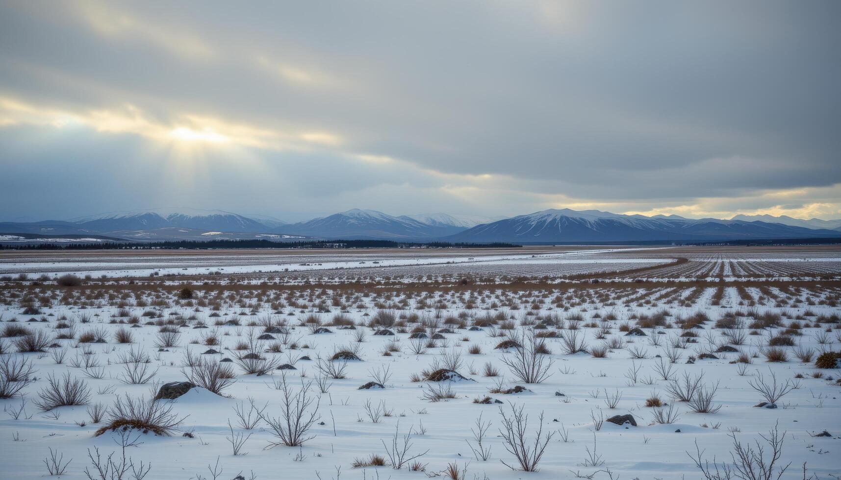 a wide snowy plain under a grey sky photo