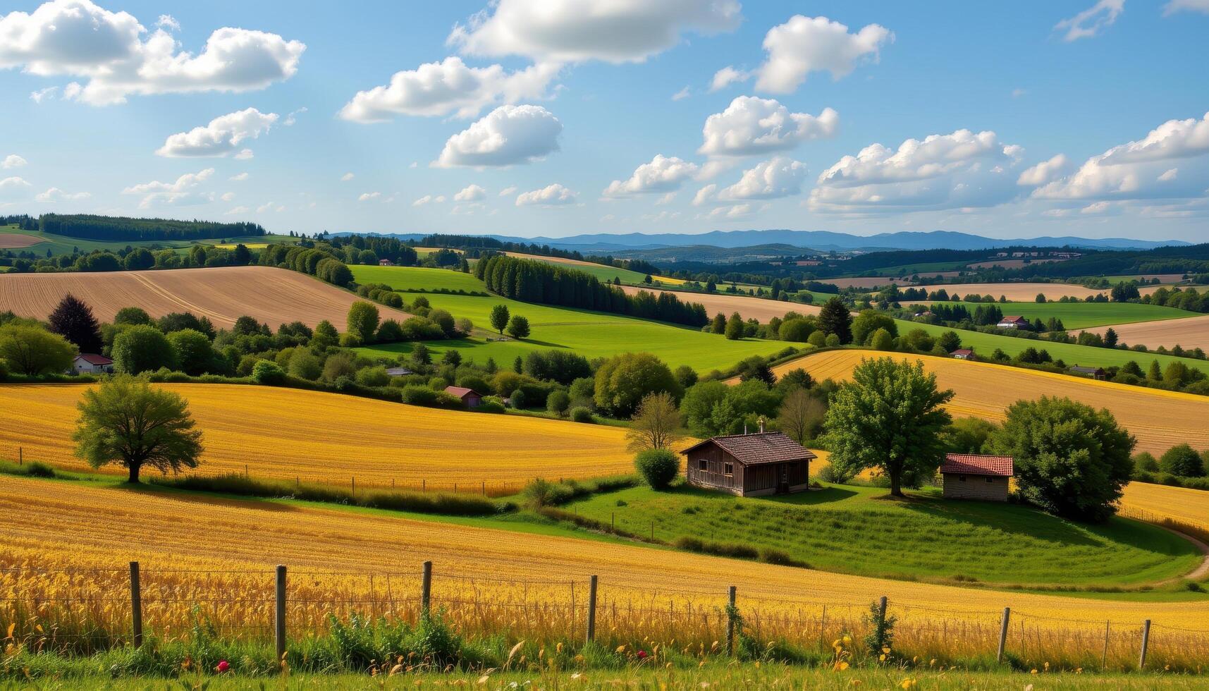 a rustic countryside with patchwork fields photo