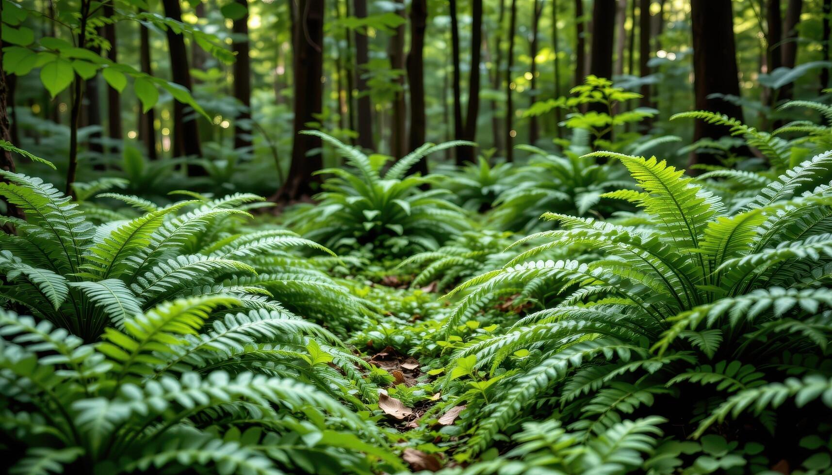 a green forest floor carpeted in ferns photo
