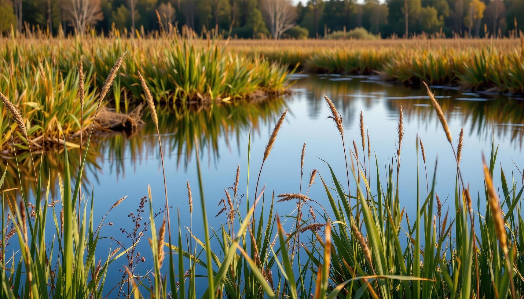 a quiet marsh with reeds and still water photo