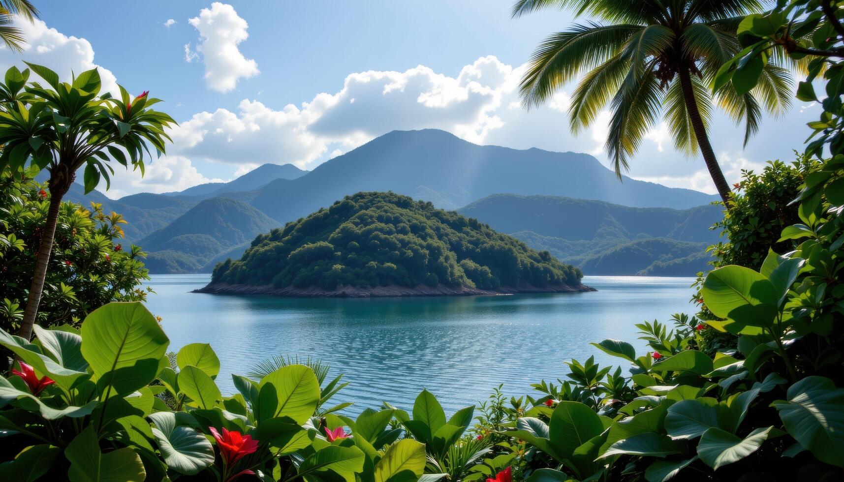 a quiet island covered in lush jungle photo