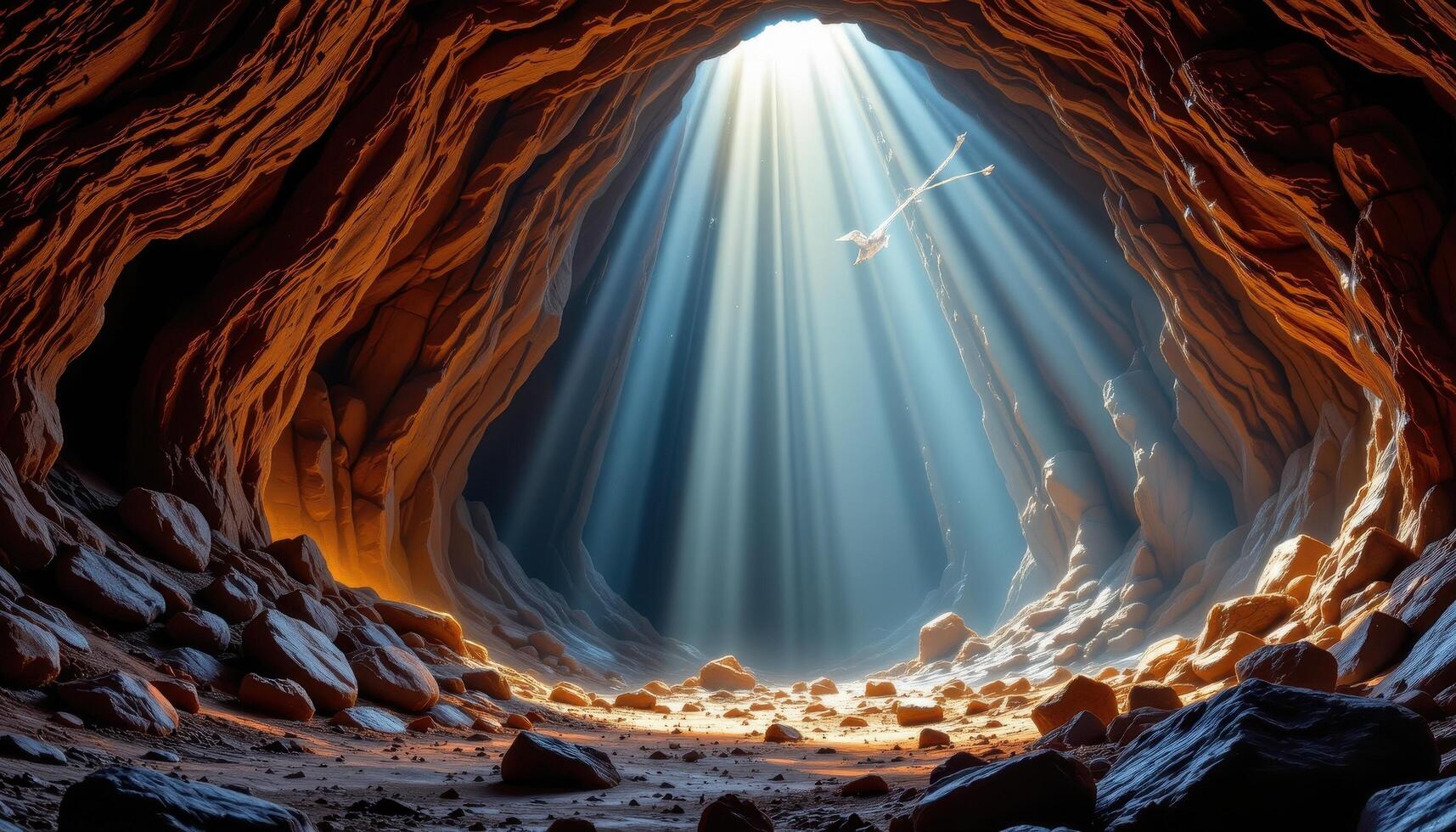 a cave with glowing minerals and sunlight streaming in photo