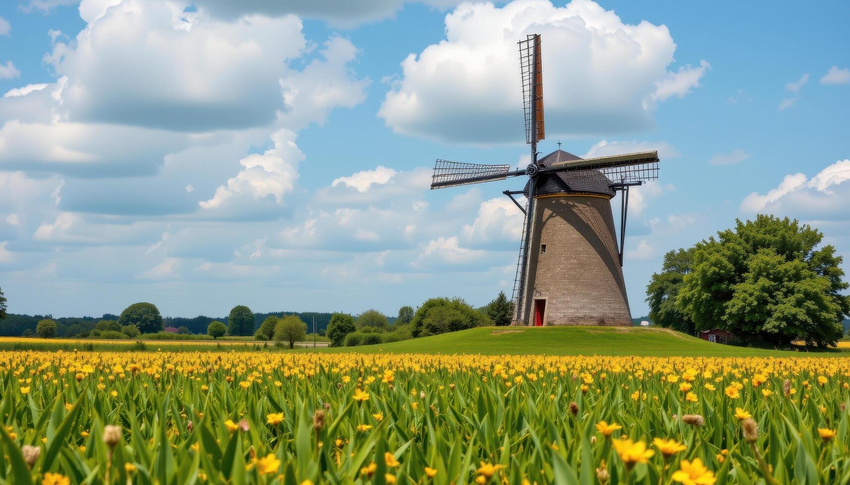 a windmill in the middle of a green field photo