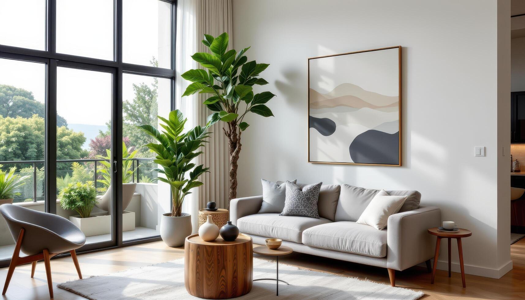 a tall fiddle leaf fig in a modern living room corner photo