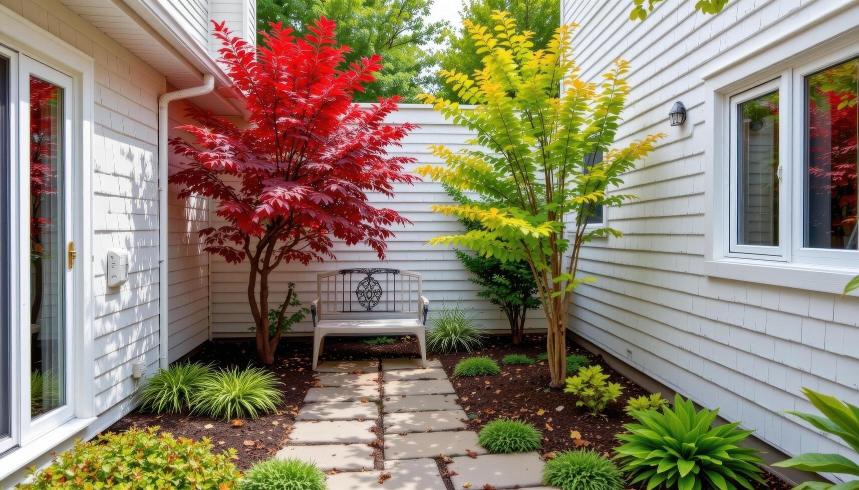a small courtyard with ornamental maples photo