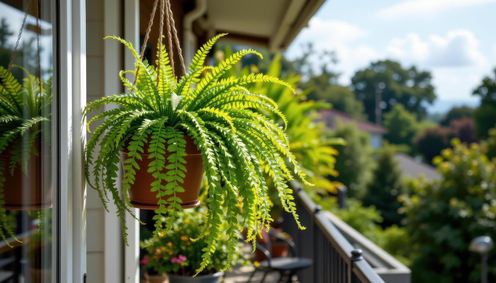 hanging ferns swaying in the breeze on a balcony photo
