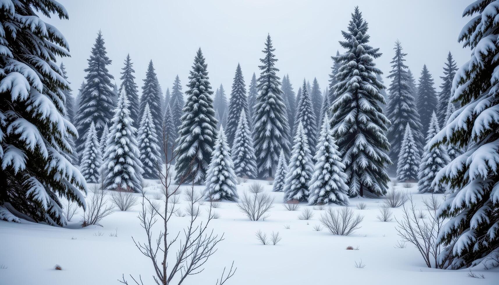 snow covered forest with tall fir trees photo