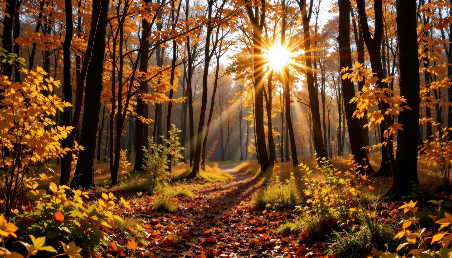 golden sunlight illuminating autumn forest photo
