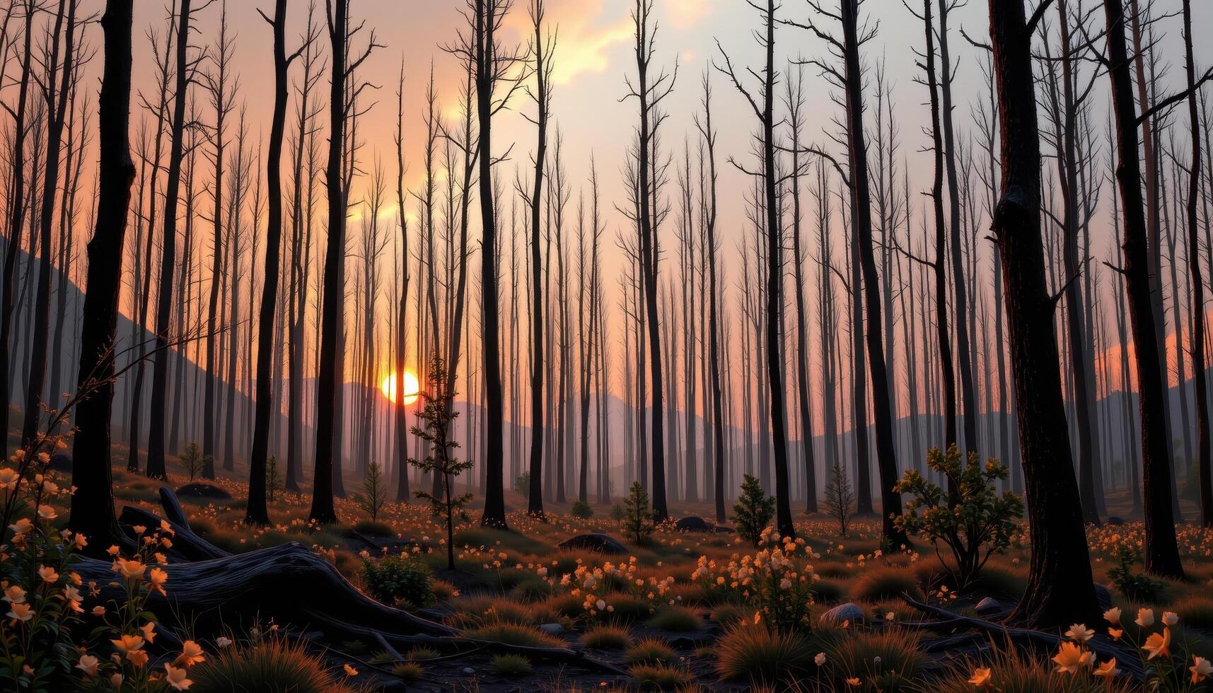 a burned forest with blackened trunks photo