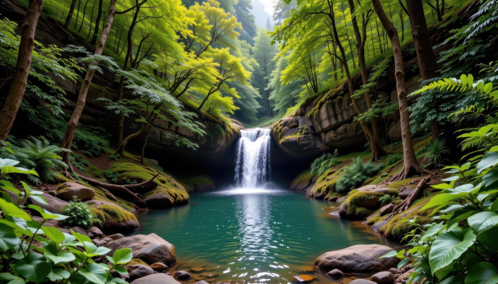 a hidden waterfall deep in the forest photo