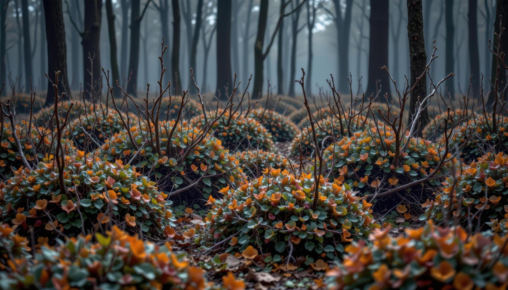 a dense thicket of thorny bushes in a dark forest photo
