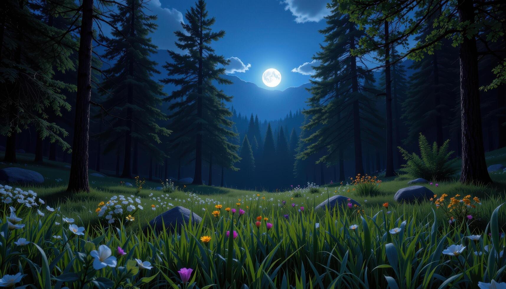 moonlit forest glade with tall grasses photo