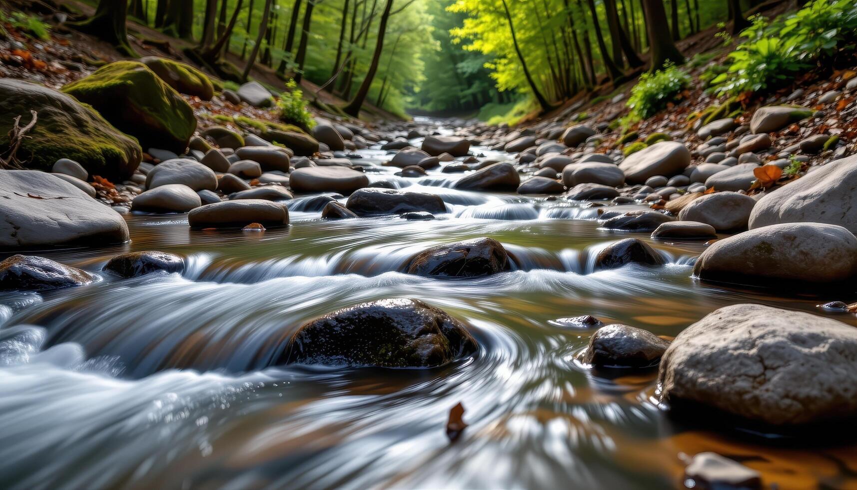 a forest stream flowing gently over smooth rocks photo