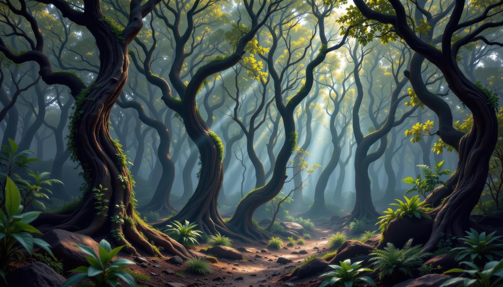a deep forest with ancient twisted trees photo