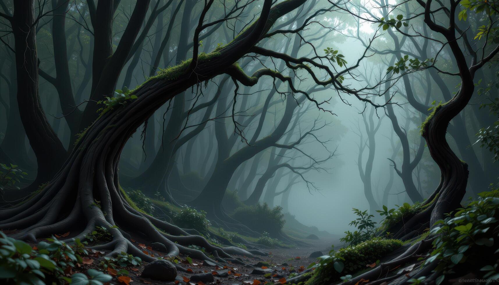 a dark forest with gnarled roots and thick fog photo