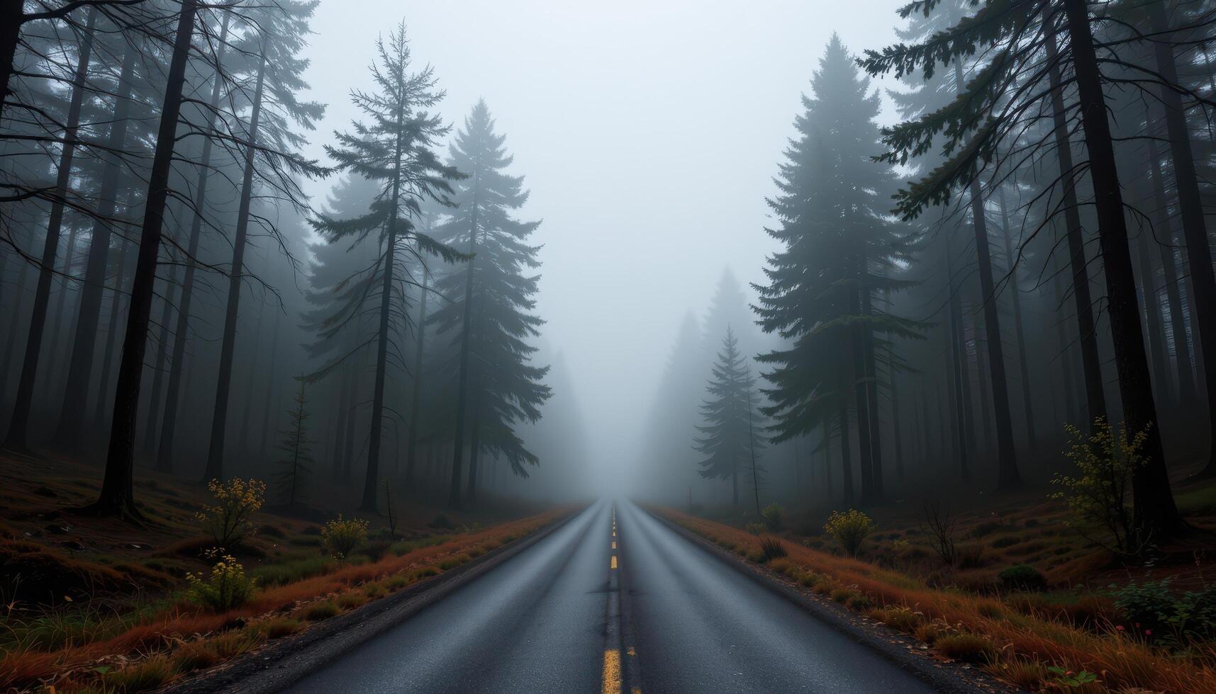 a fog covered forest road disappearing into trees photo