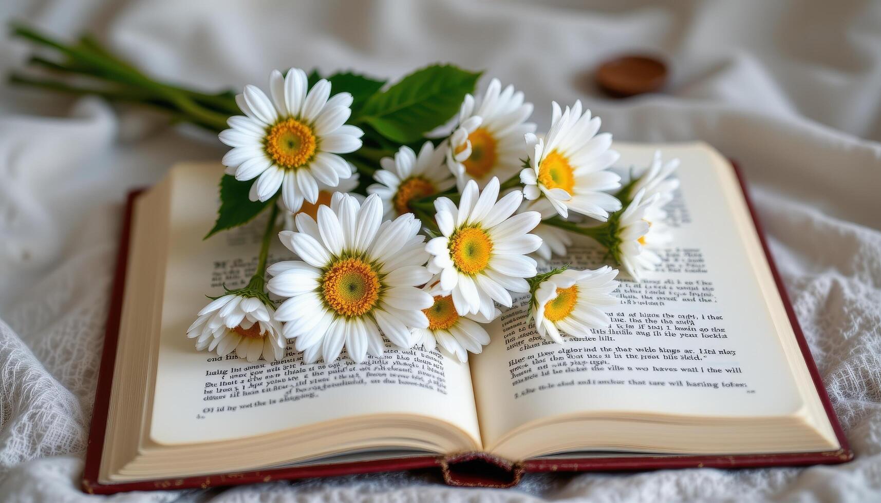 a bouquet of daisies resting on an open book photo