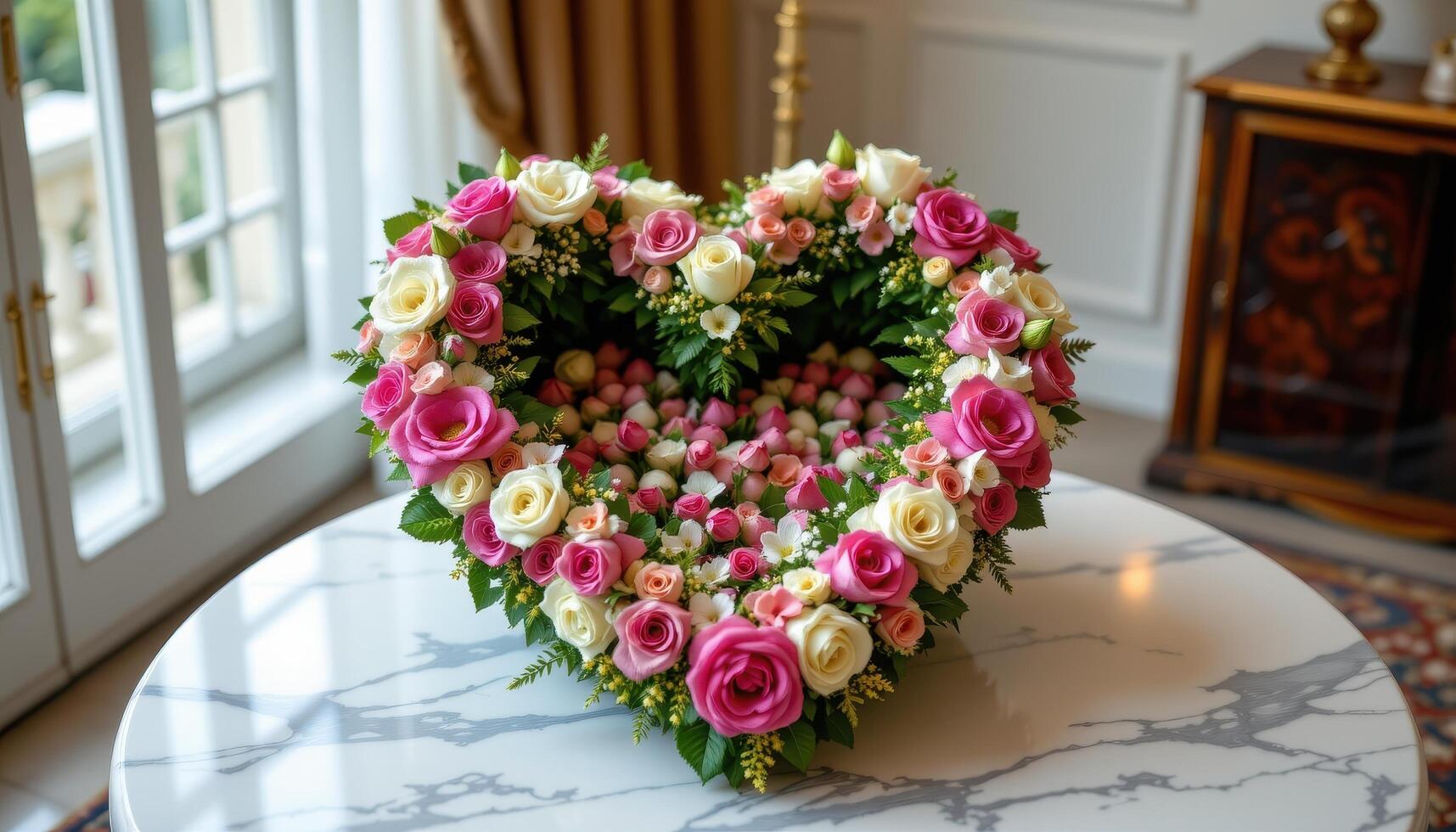 a heart shaped bouquet on a marble table photo