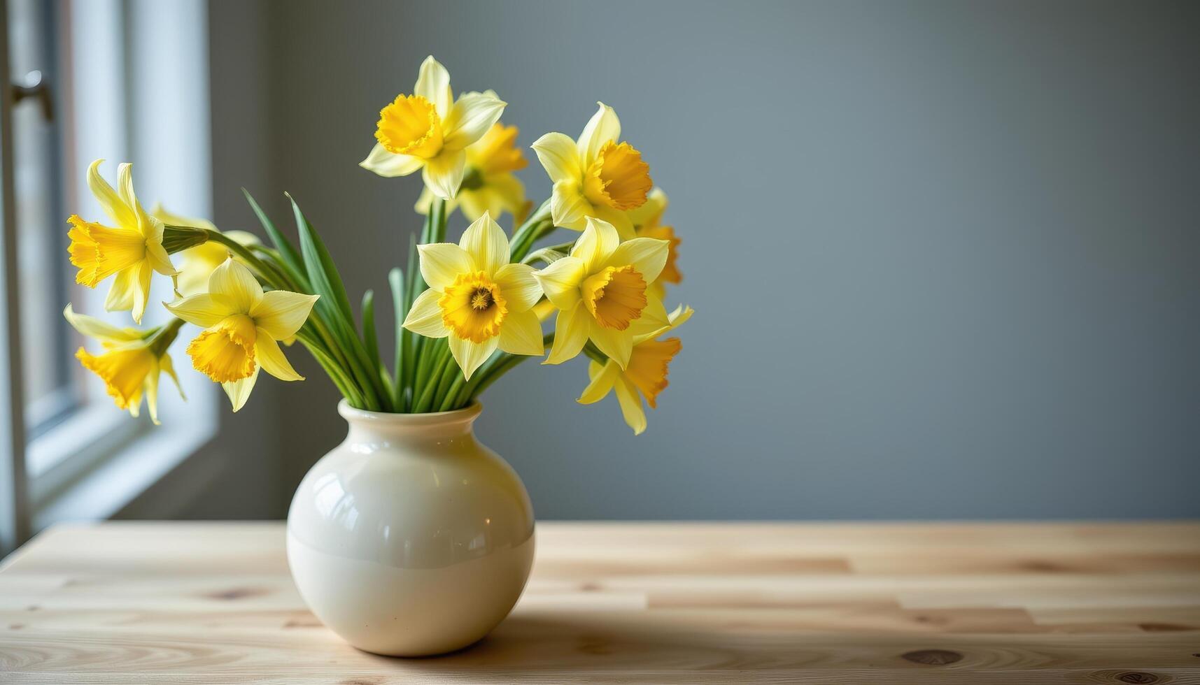 a bouquet of daffodils in a pale ceramic vase photo