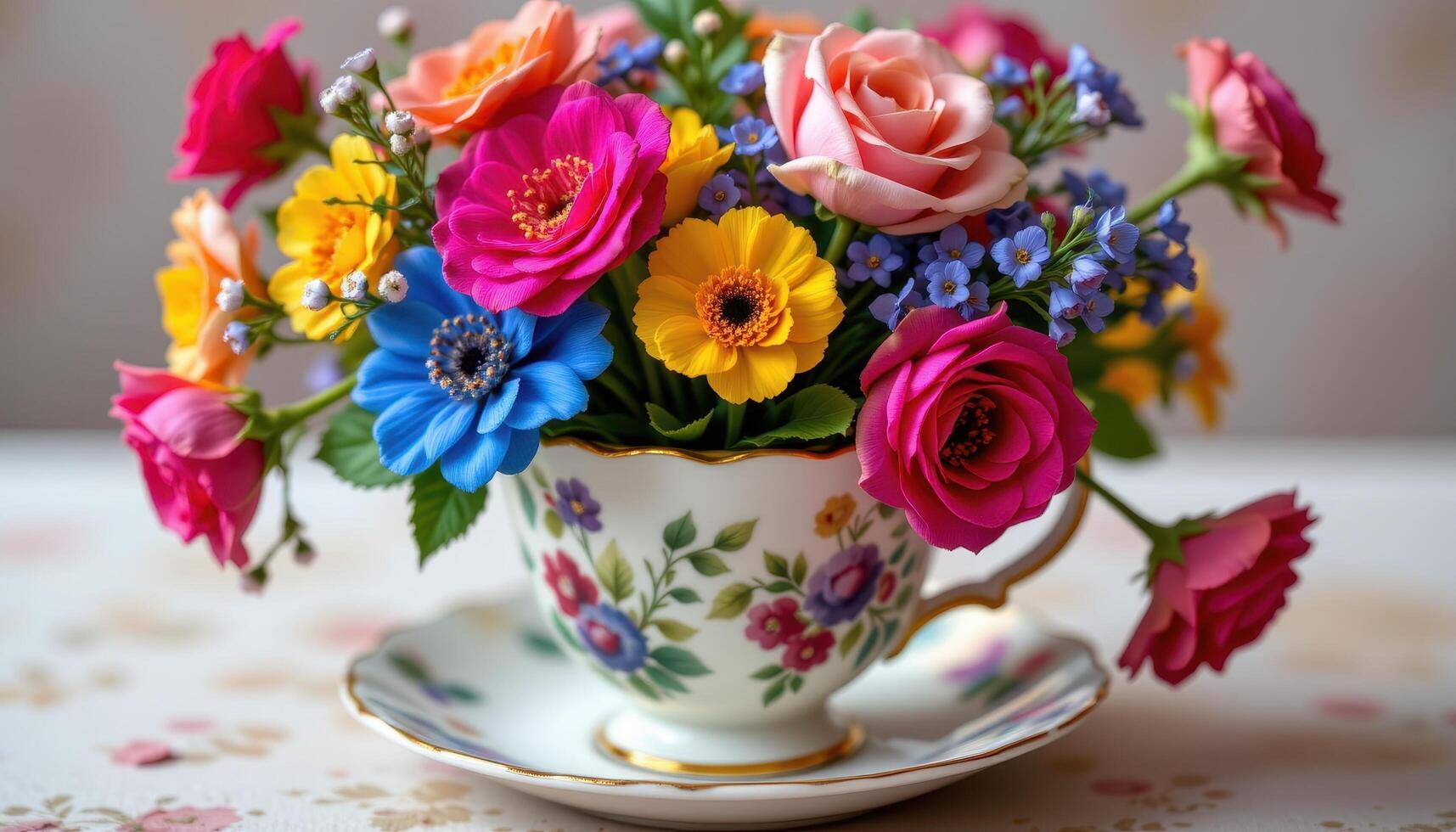 a colorful bouquet in a porcelain teacup photo