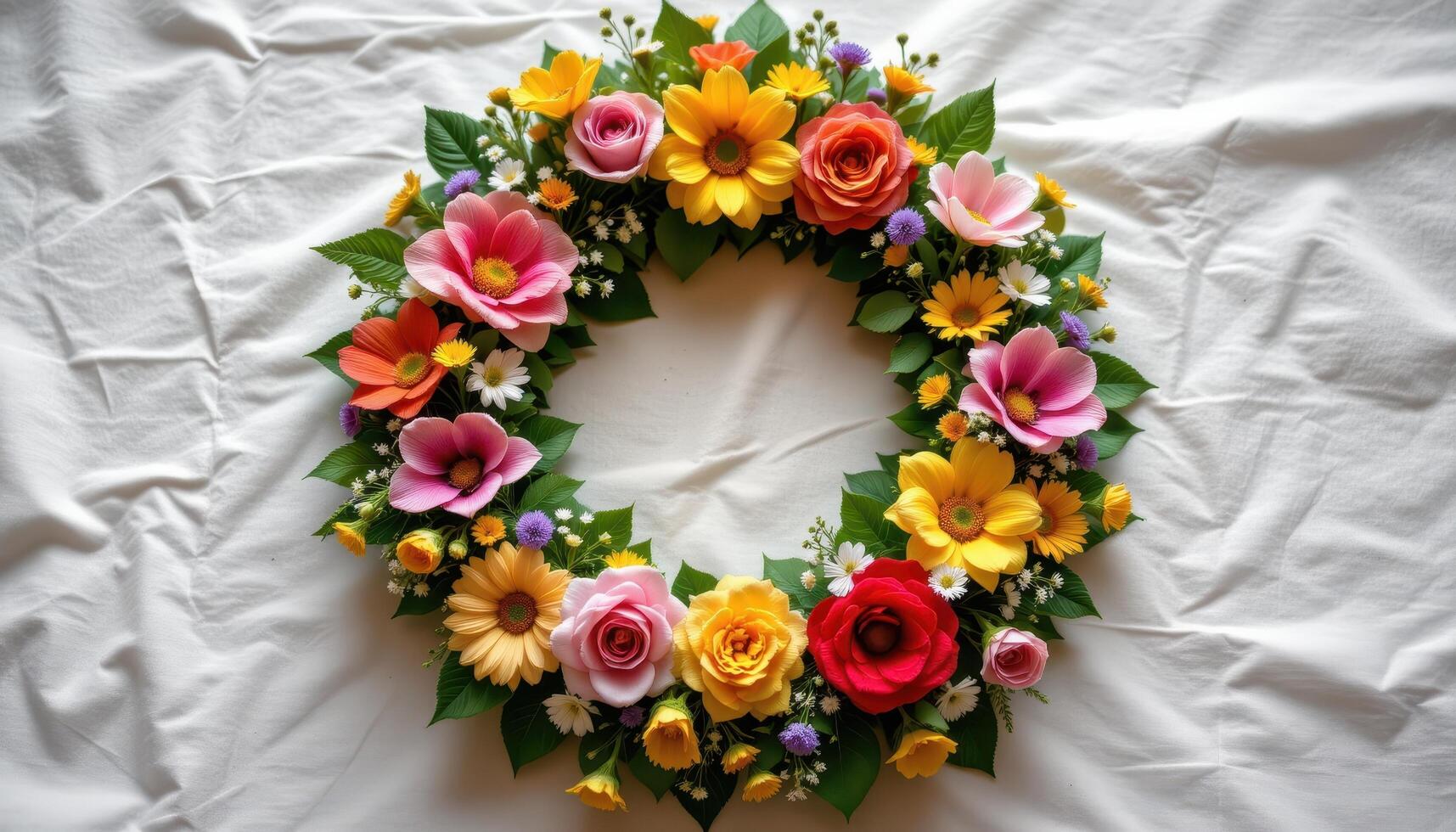 a wreath style bouquet laid flat on linen photo