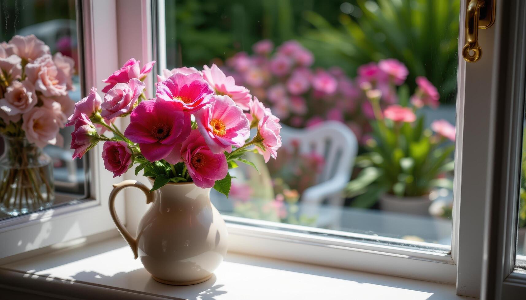 a bouquet placed in a ceramic jug on a windowsill photo