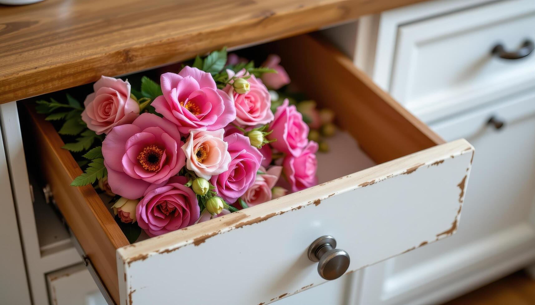 a bouquet lying in an open drawer photo