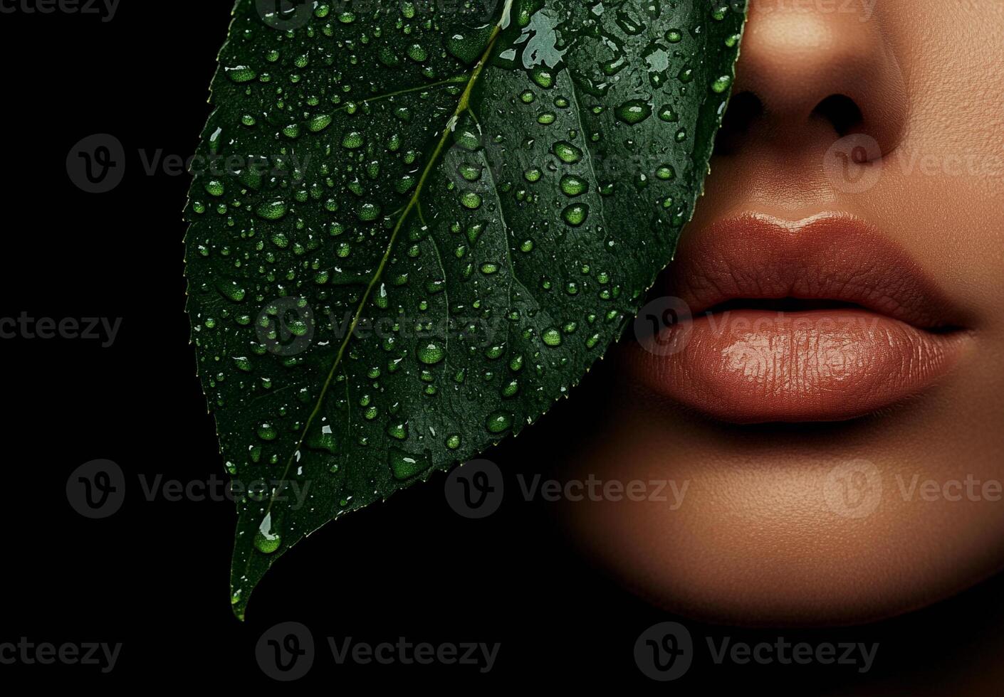 Close-up of lips hidden behind lush green leaves captures mystery, sensuality and natural beauty with strong visual contrast and texture. photo