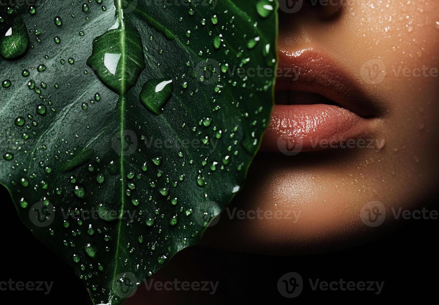 Close-up of glossy lips hidden behind lush green leaves captures mystery, sensuality and natural beauty with strong visual contrast. photo