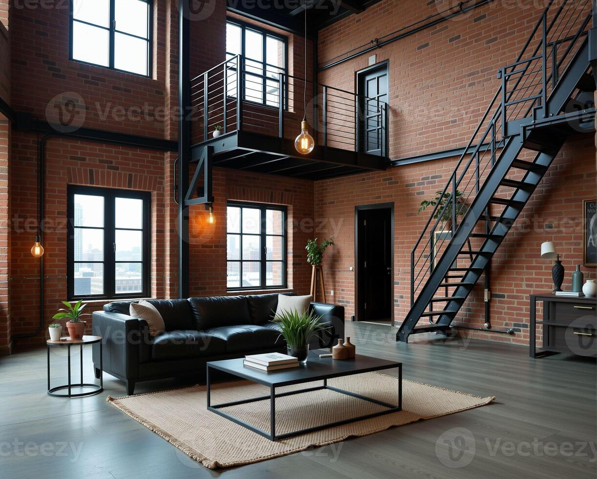 Modern Loft Interior Design with Exposed Brick and Minimalist Style photo