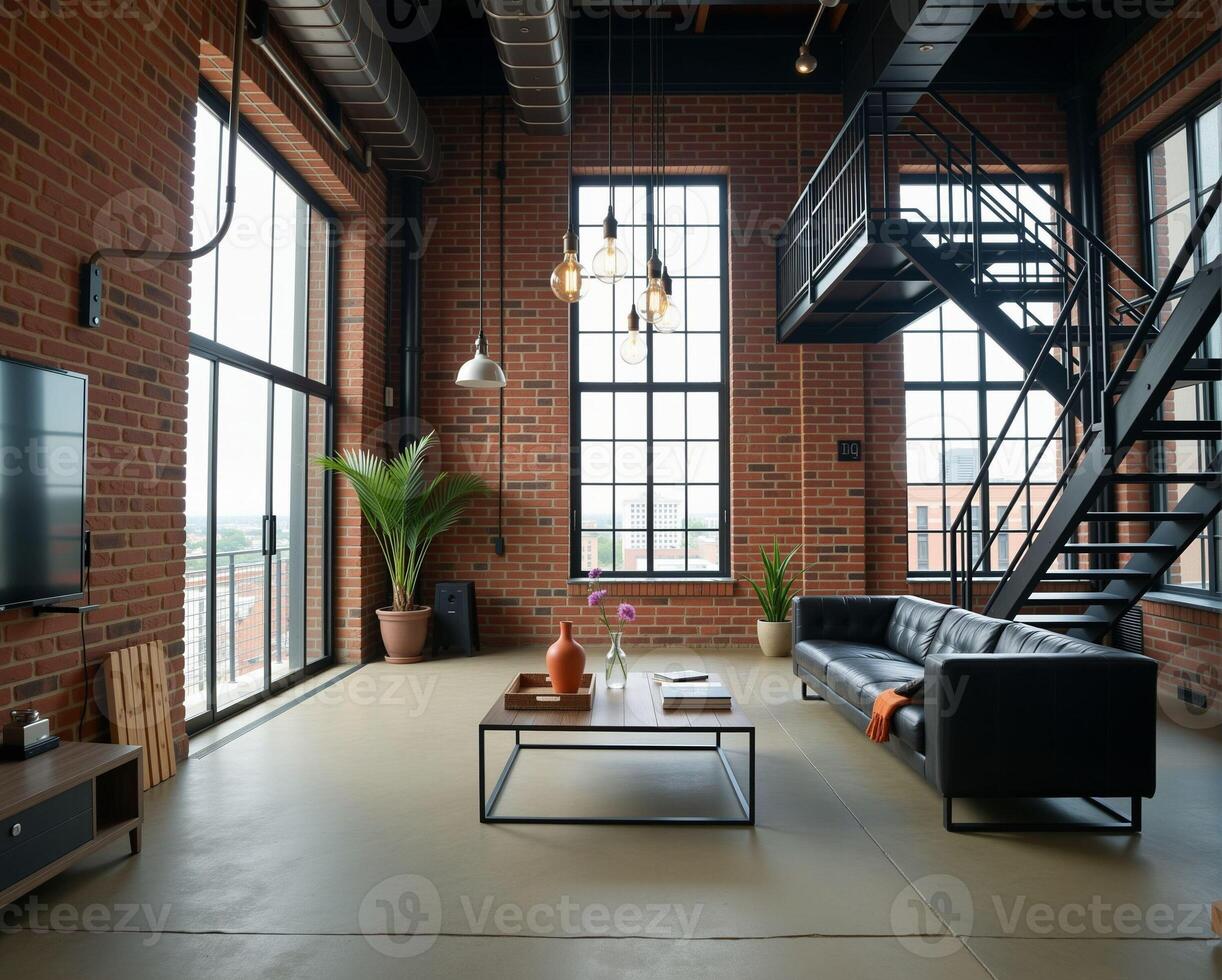 Modern Industrial Living Room with Natural Light and Brick Walls photo