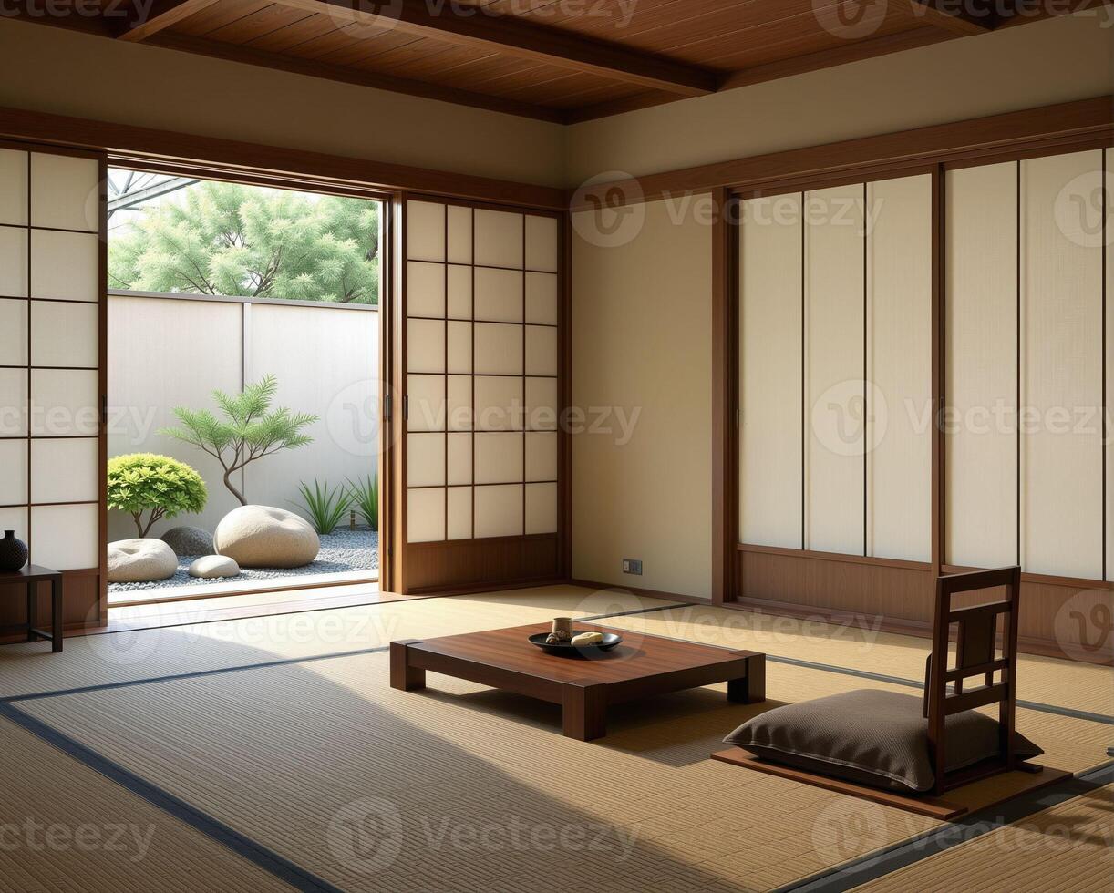 Serene Traditional Japanese Interior with Garden View and Tatami photo