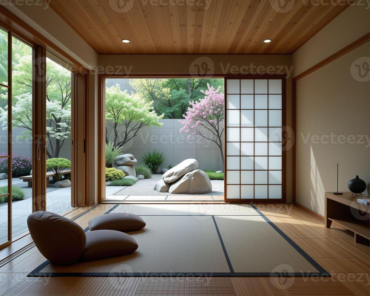 Serene Japanese Interior with View of Tranquil Zen Garden Retreat photo