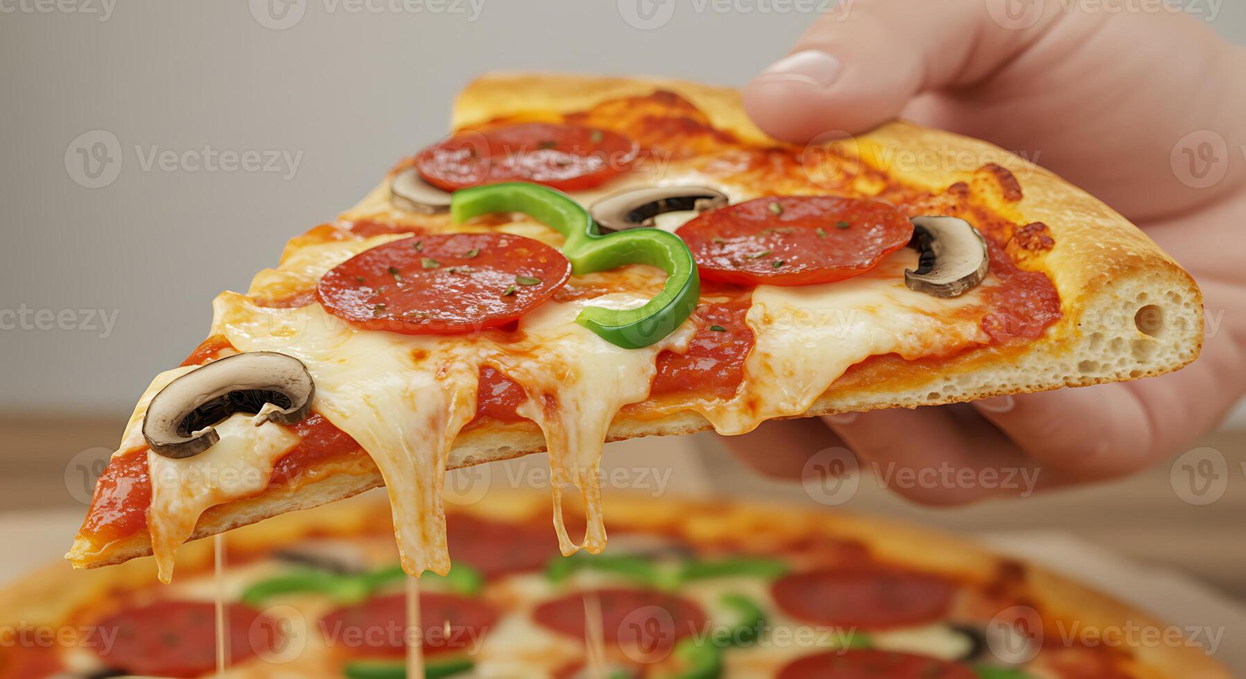 A hand holding a slice of pizza with pepperoni, mushrooms, and peppers photo